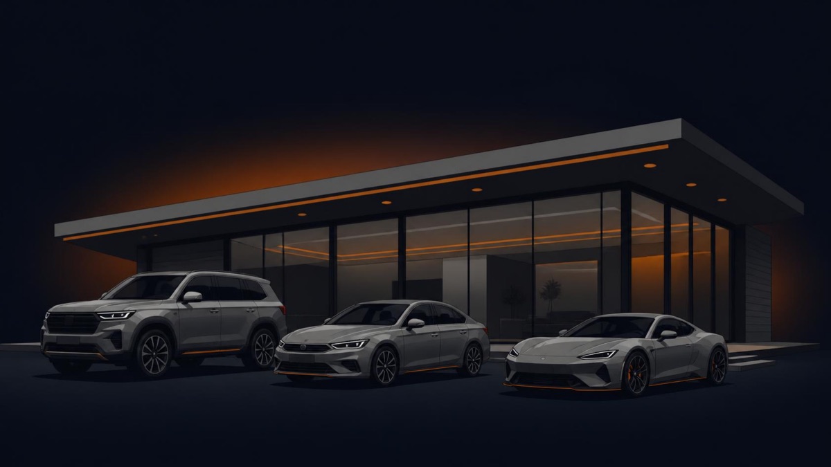 Illustration of a modern car dealership showroom at night with an SUV, a sedan and a sports car parked in front